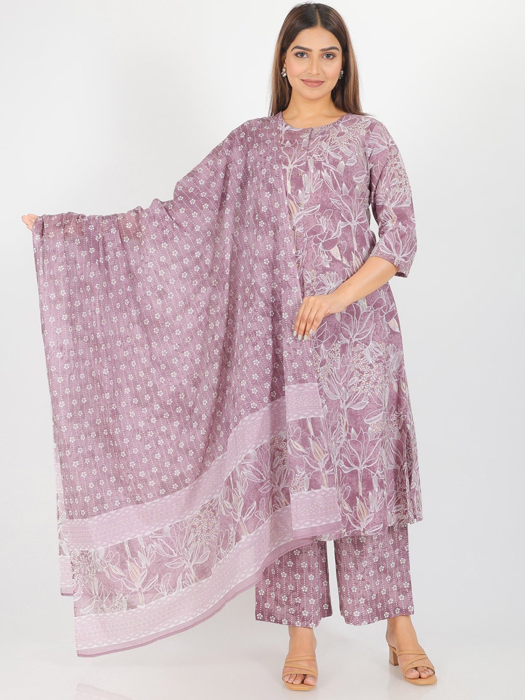 

Aramya Floral Printed Round Neck Panelled Pure Cotton Kurta With Palazzo With Dupatta, Purple