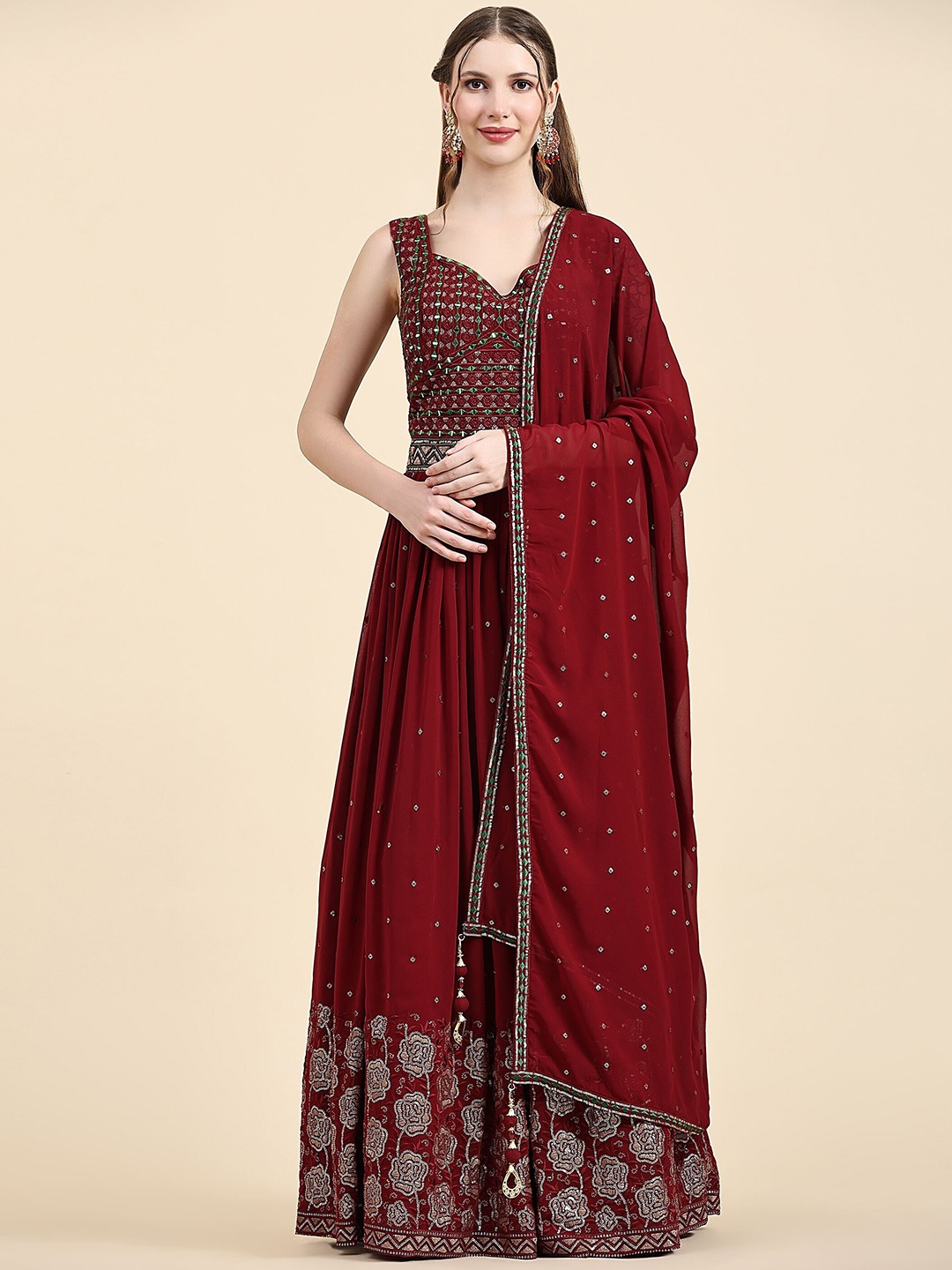 

VANAKARA Embroidered With Sequined Work Maxi Gown Ethnic Dress With Dupatta, Maroon