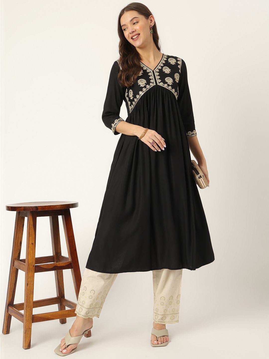 

Ashlee Floral Embroidered Sequinned Pleated A-Line Kurta, Black