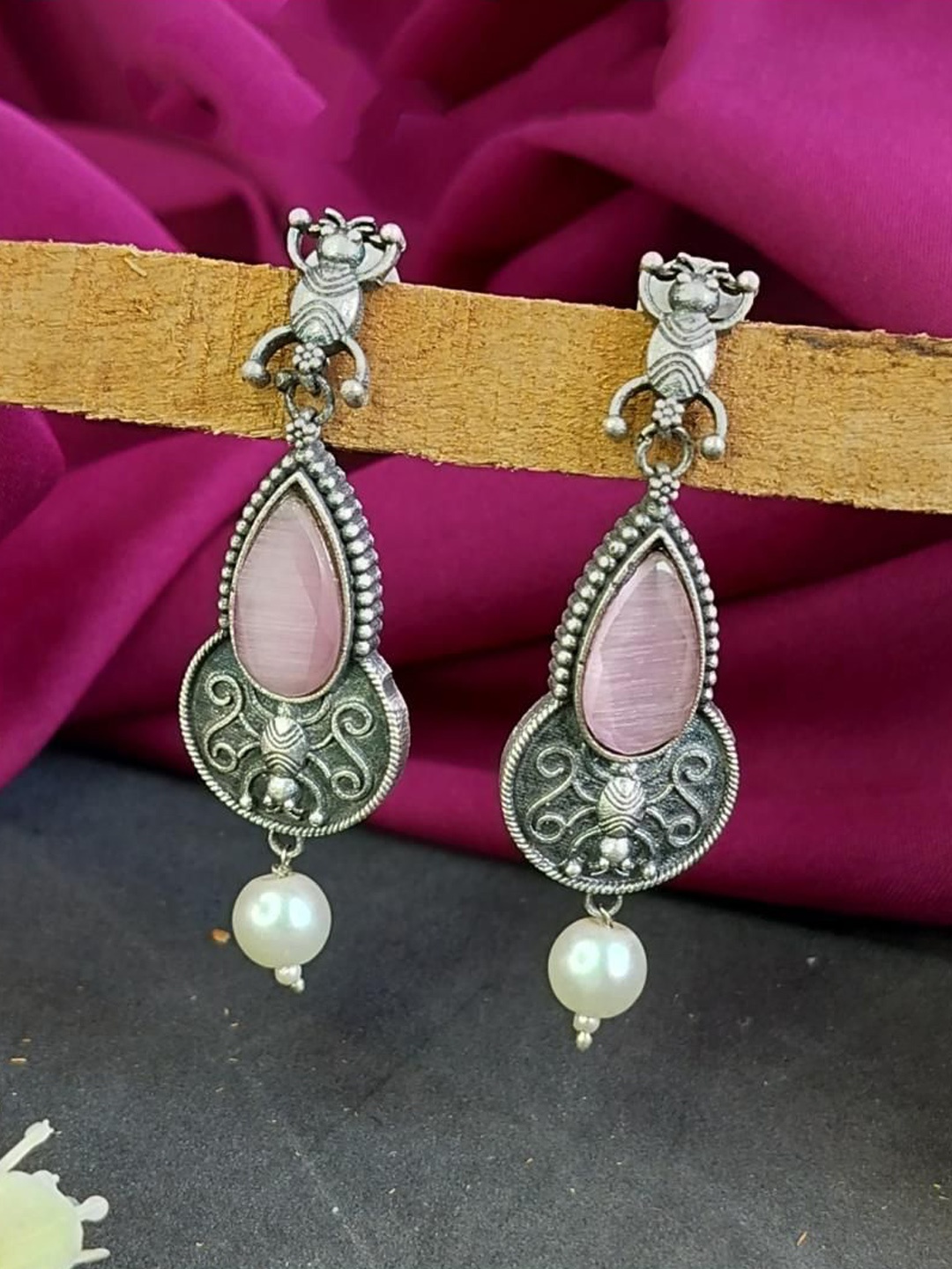 

Efulgenz Rhodium Plated Crystals Studded Contemporary Drop Earrings, Pink