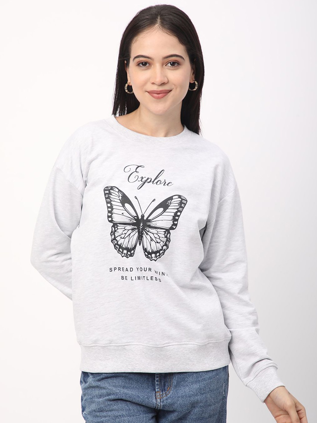 

R&B Women Printed Cotton Sweatshirt, Grey