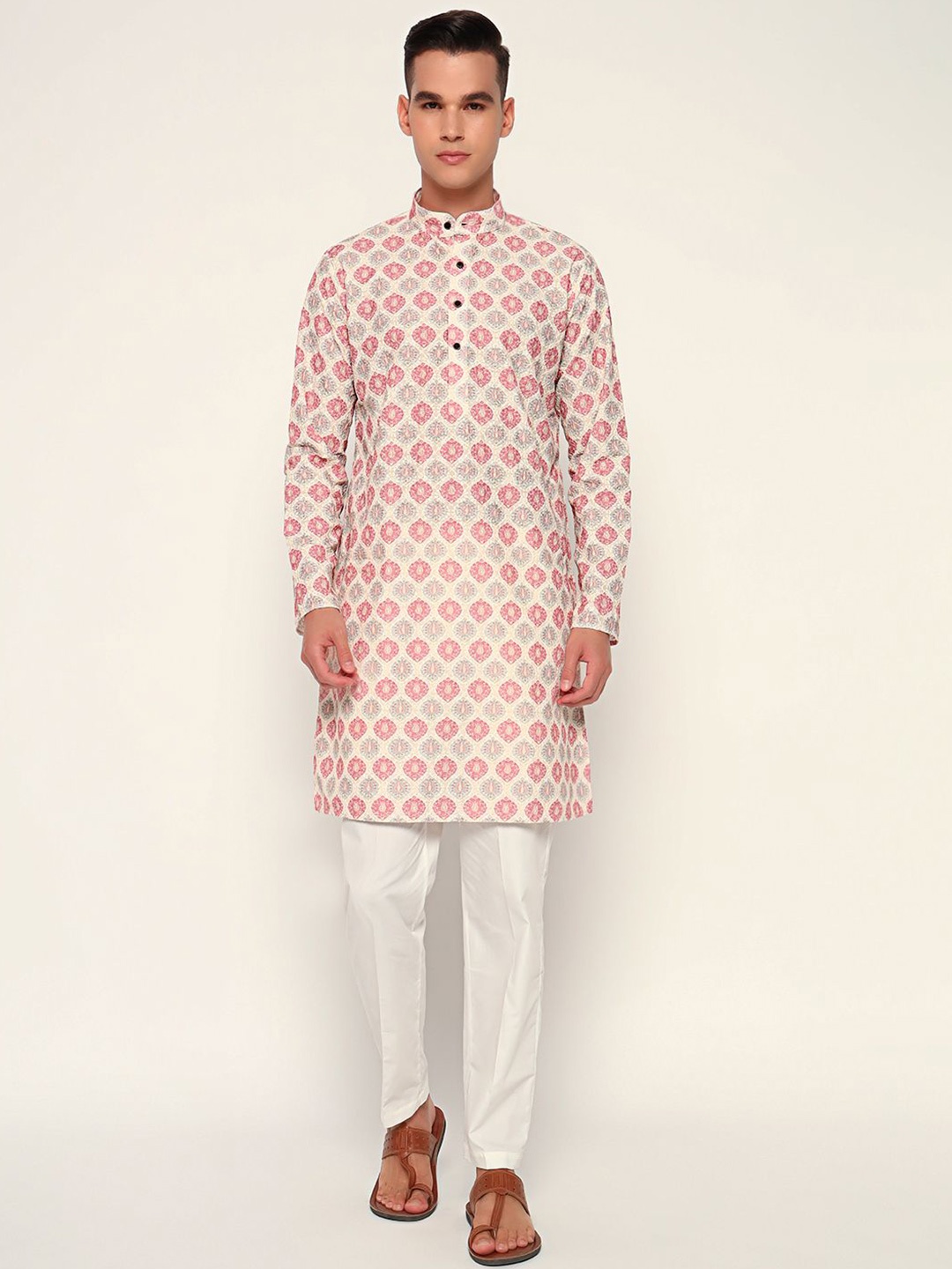 

ZARI Ethnic Motifs Jaipur Woven Design Zari Work Band Collar Cotton Jacquard Kurta, Pink