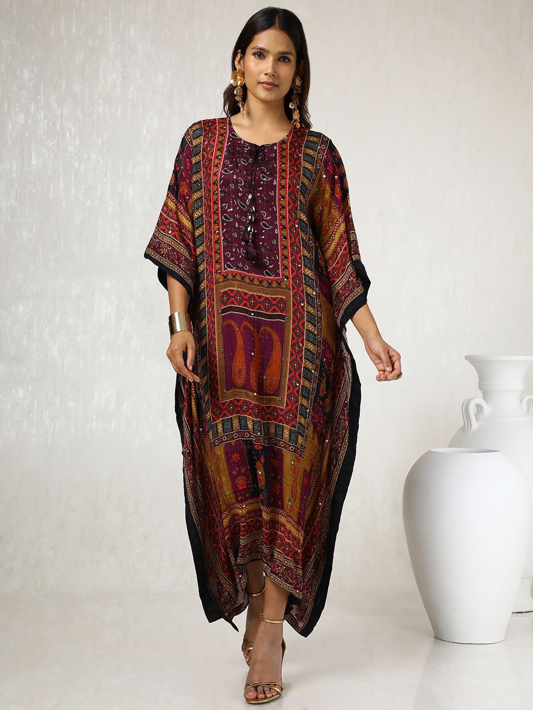 

Soch Women Ethnic Motifs Printed Kaftan Maxi Dress, Brown