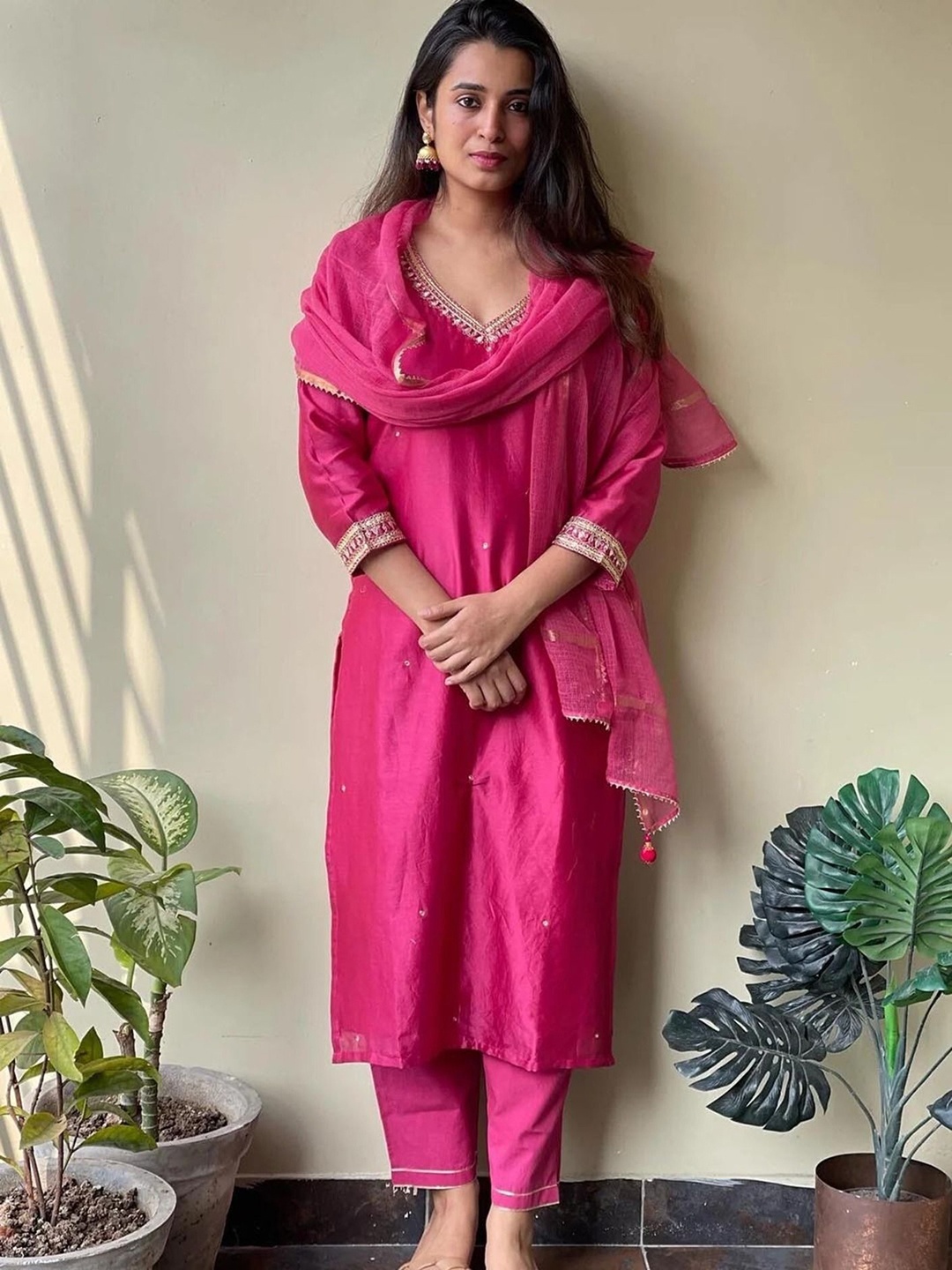 

KALINI Floral Yoke Design Thread Work Kurta with Trouser & Dupatta, Pink
