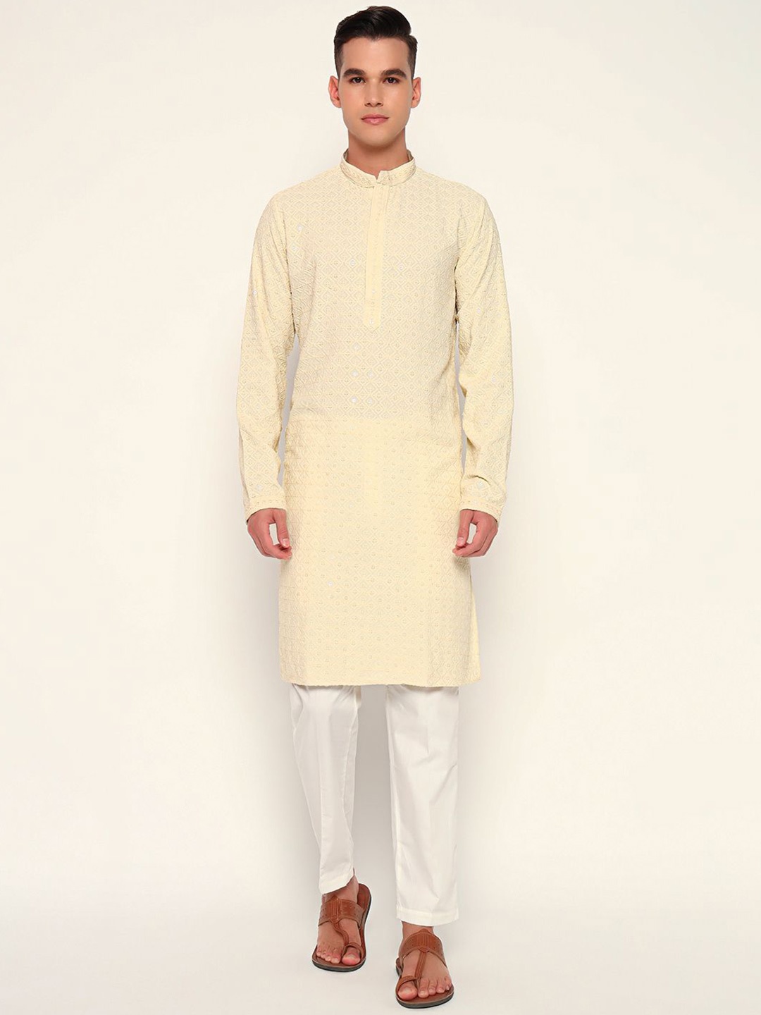 

ZARI Geometric Embroidered Sequinned Jacquard Weave Mandarin Collar Cotton Straight Kurta, Cream