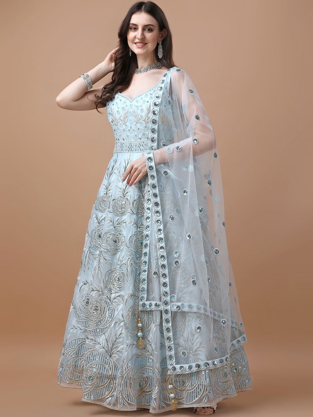 

VANAKARA Women Sequins Embroidered Sleeveless Maxi Gown With Dupatta, Sea green