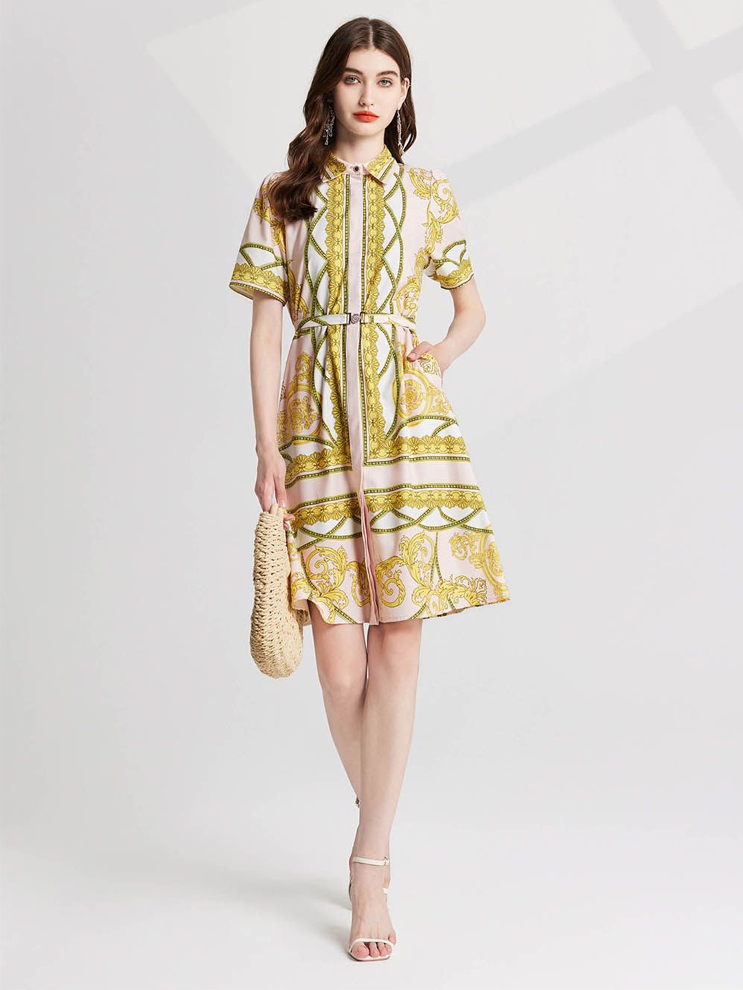 

JC Collection Women Ethnic Motifs Printed Shirt Dress, Yellow