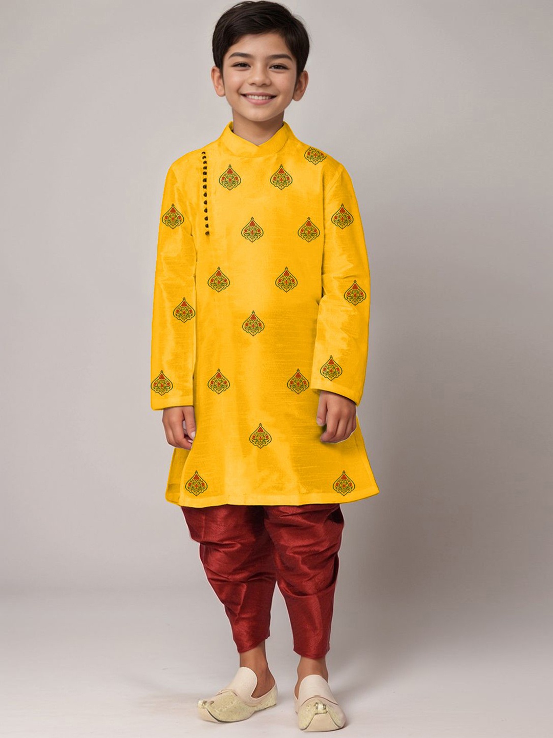 

DEVOILER Boys Ethnic Motifs Printed Side Placket Dupion Silk Kurta, Mustard