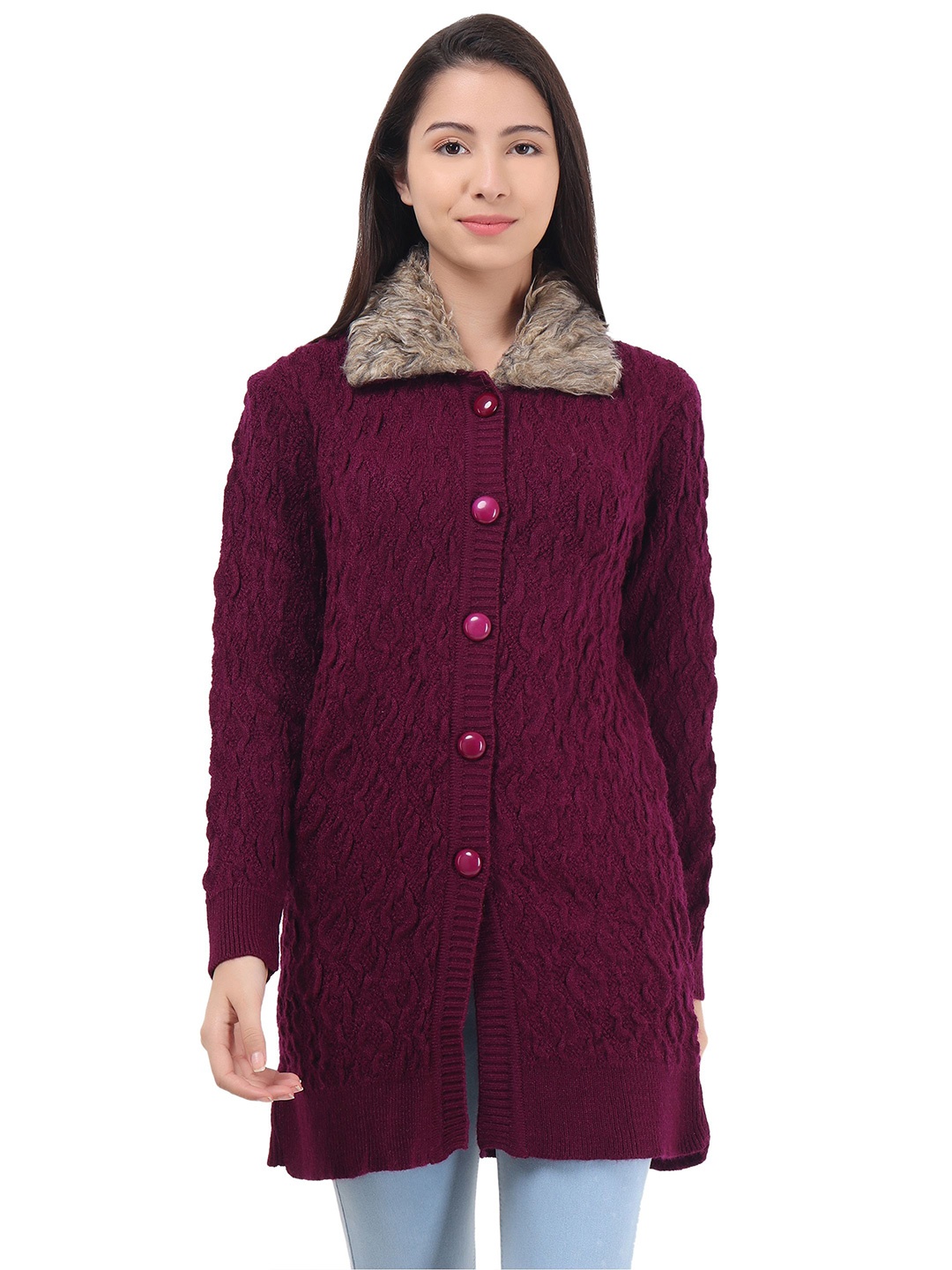 

HAUTEMODA Women Woollen Longline Front-Open Sweater With Fur Collar, Burgundy