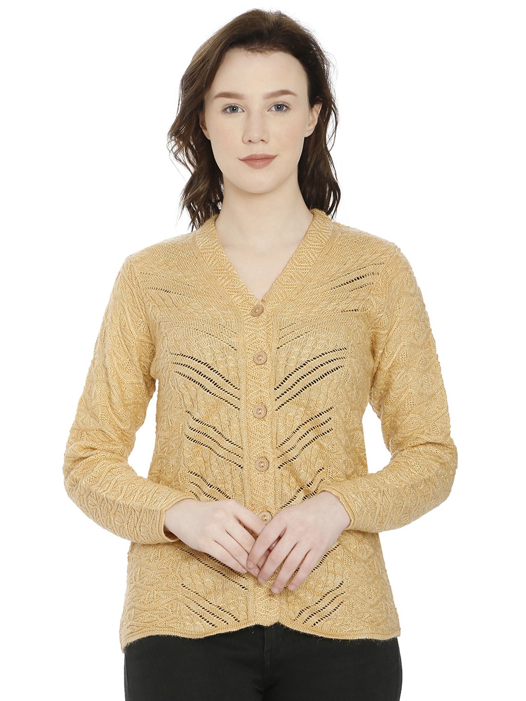 

HAUTEMODA Women V-Neck Chevron Printed Woollen Cardigan, Yellow