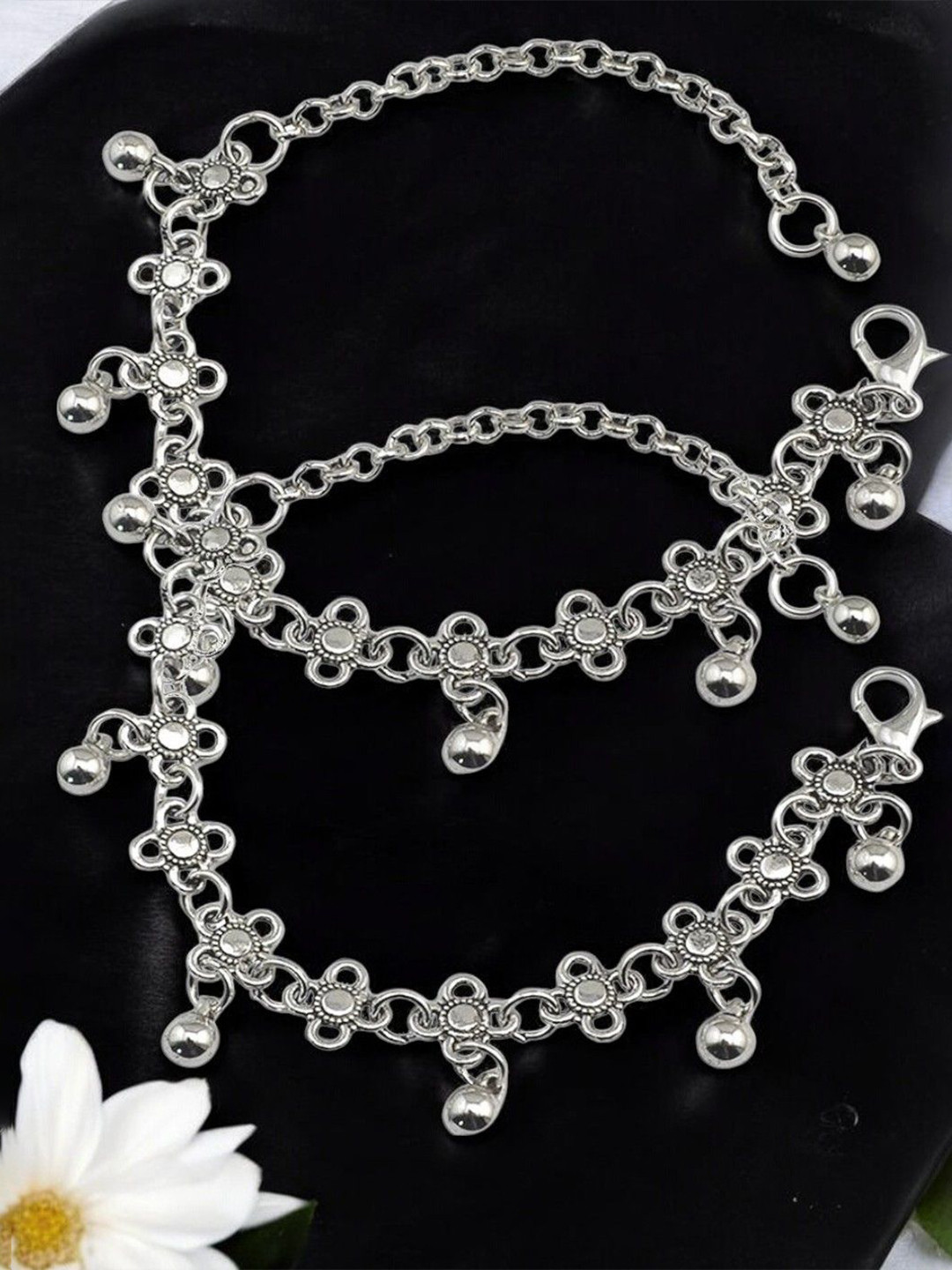 

Sangria Beaded Oxidised Anklet, Silver