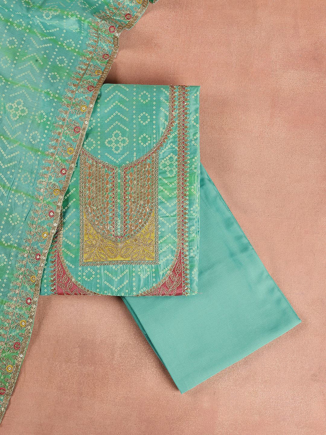 

Libas Bandhani Printed Unstitched Dress Material, Turquoise blue
