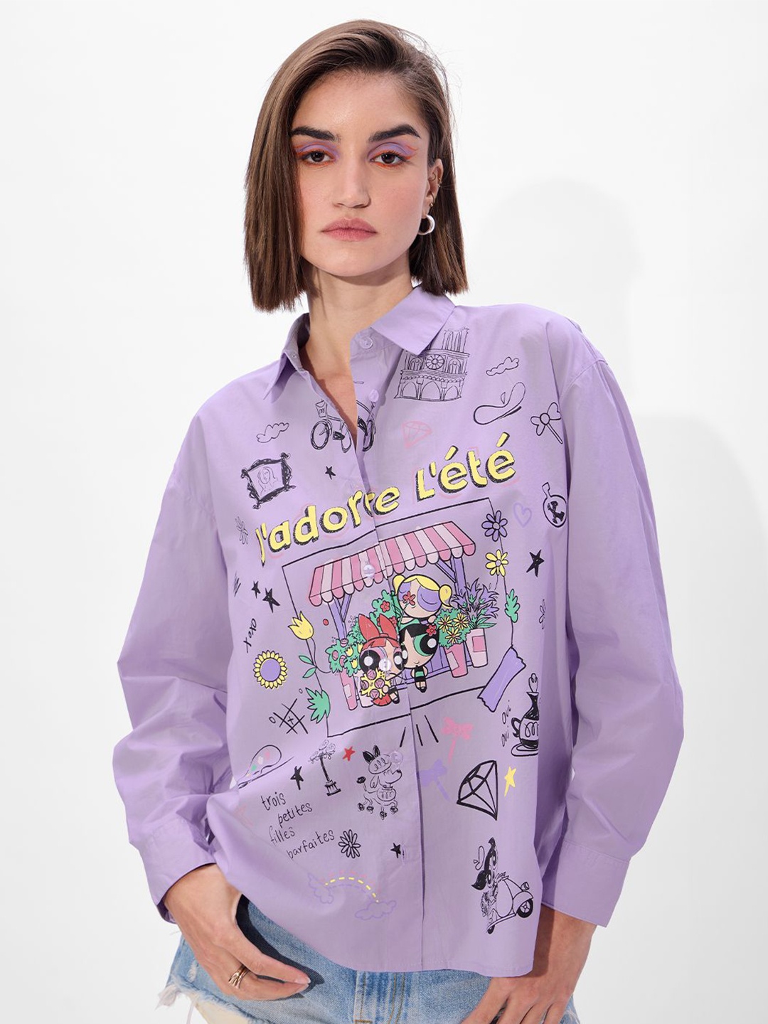 

The Souled Store Women Powerpuff Girls Printed Oversized Shirt, Lavender