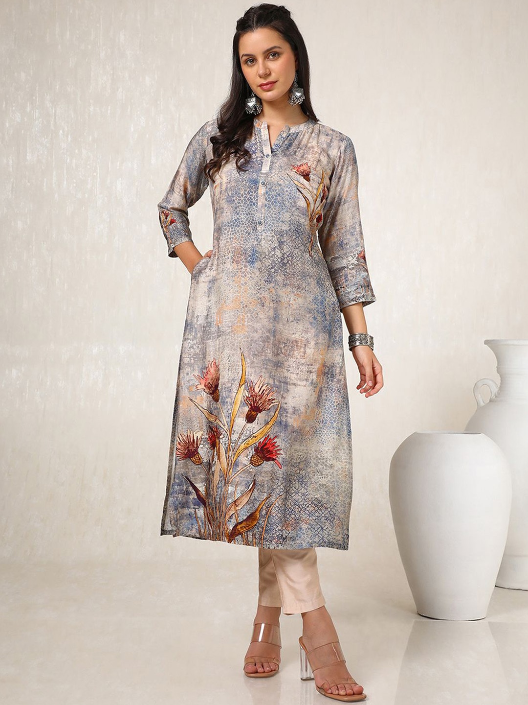 

Soch Floral Printed Mandarin Collar Straight Kurta, Blue