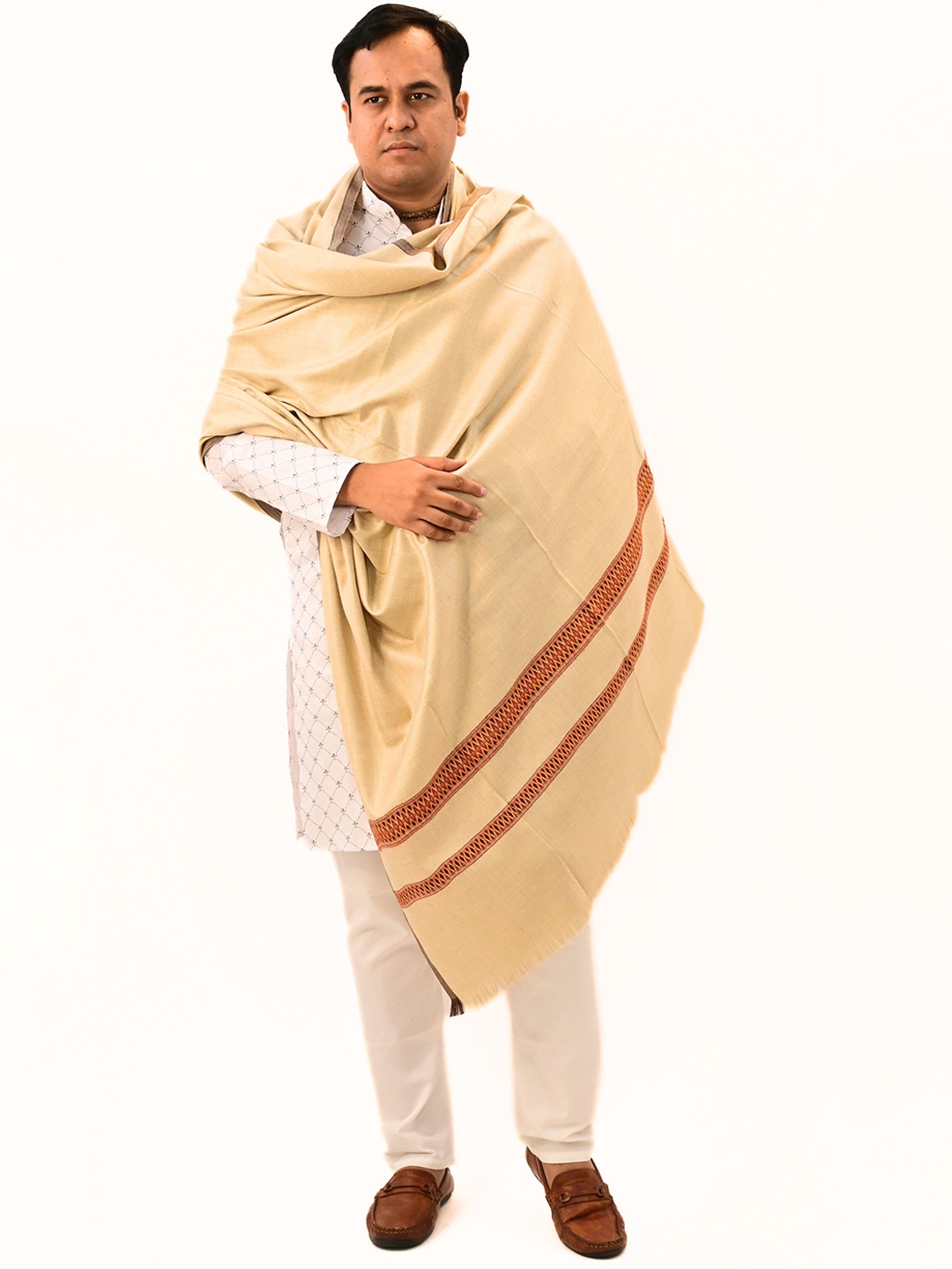 

Vrinde Fringed Border Pure Woollen Shawl, Beige