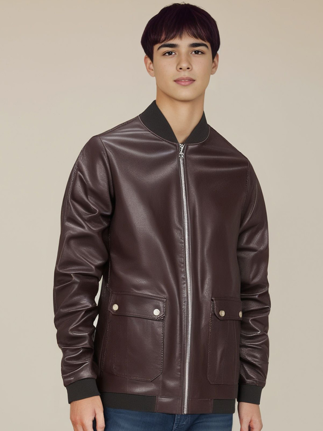 

StyleCast x Revolte Men Lightweight Leather Jacket, Coffee brown