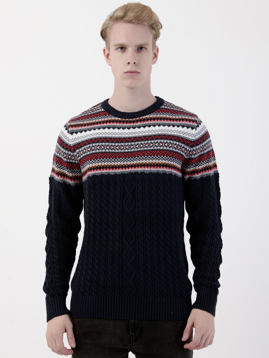 

Albion By CnM Men Printed Round Neck Long Sleeves Pullover Sweaters, Black