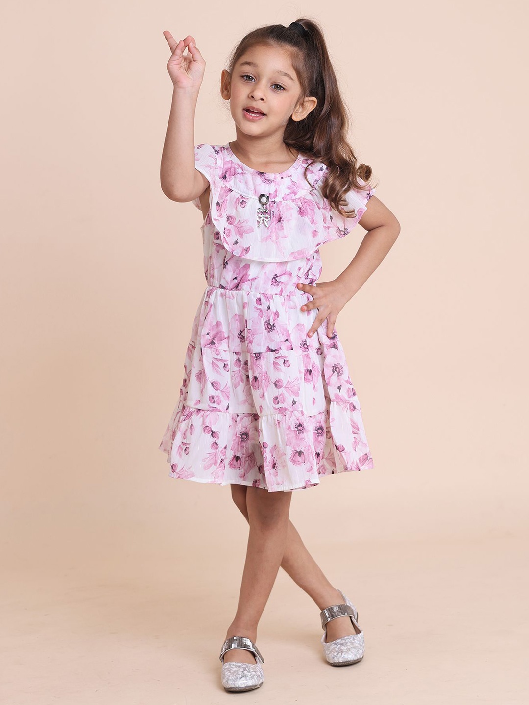 

House of Spades Girls Floral Printed Flutter Sleeve Fit & Flare Dress, White