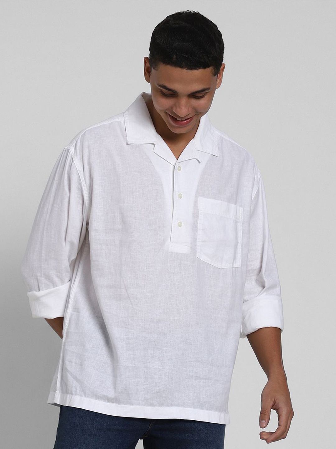 

AMERICAN EAGLE OUTFITTERS Men White Linen-Blend Popover Shirt