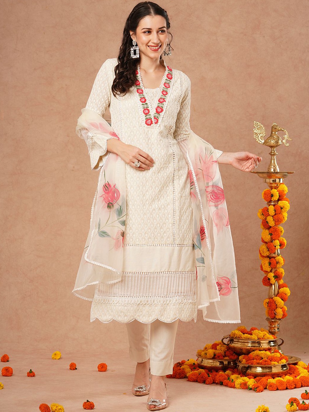 

FASHOR Embroidered Regular Pure Cotton Straight Kurta with Trousers & Dupatta, Off white