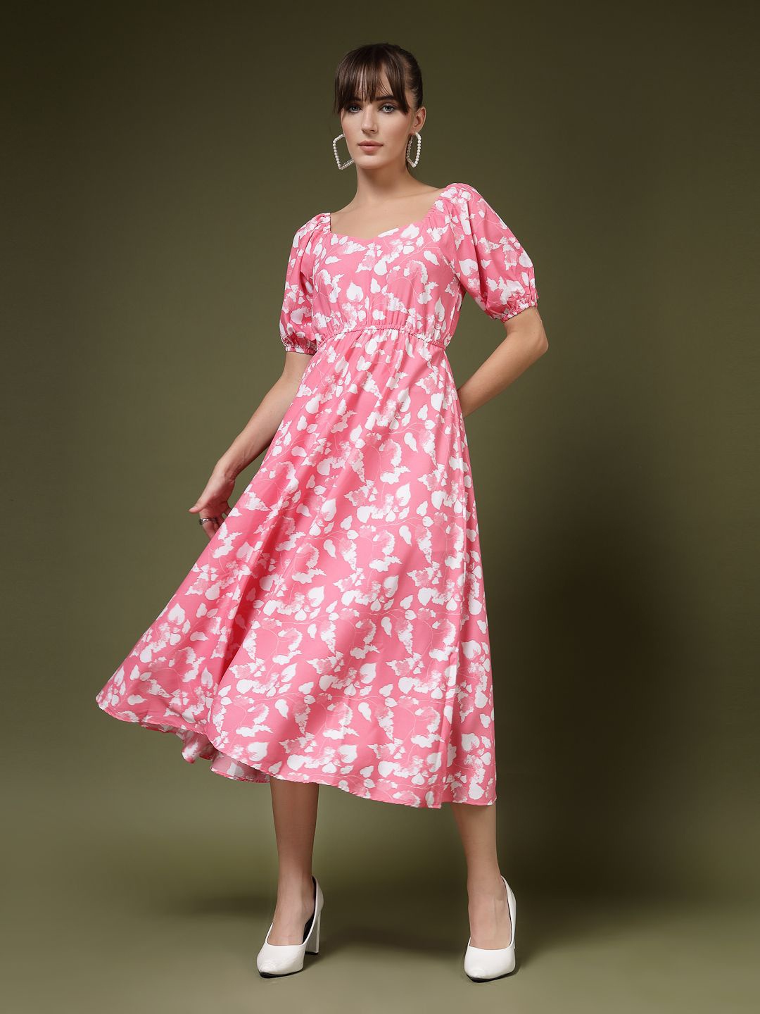 

Oomph! Floral Printed Puff Sleeve Crepe Fit & Flare Dress, Pink