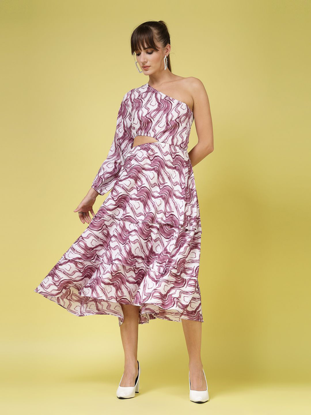 

Oomph! Women Printed One Shoulder A-Line Midi Dress, Purple