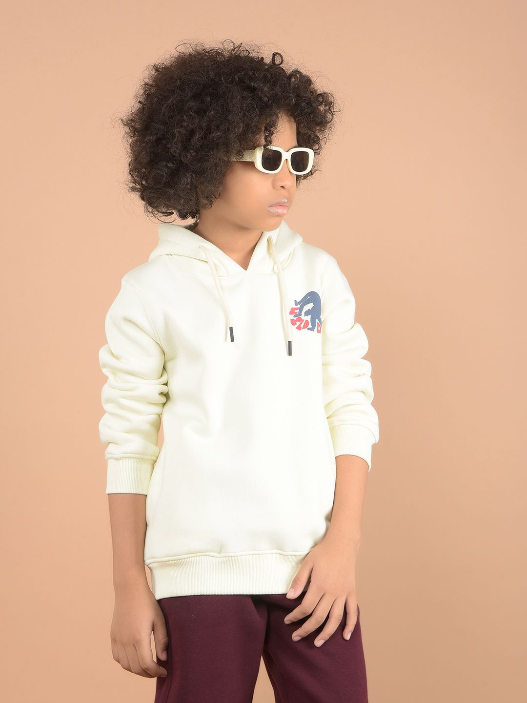 

Crimsoune Club Boys Graphic Printed Hooded Sweatshirt, Off white