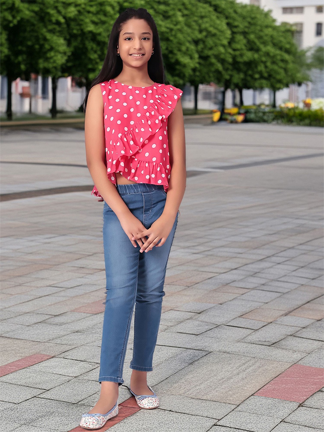 

CACA CINA Women Polka Dots Printed Ruffles Top, Pink