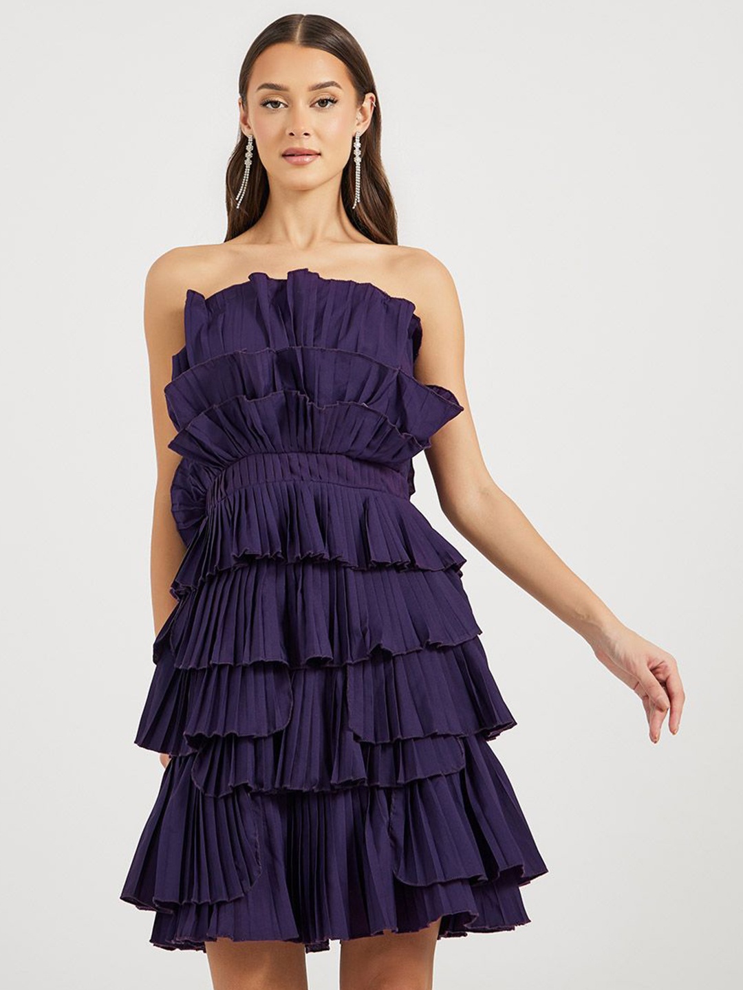 

Styli Women Solid Off Shoulder Pleated Tiered Mini Dress, Purple