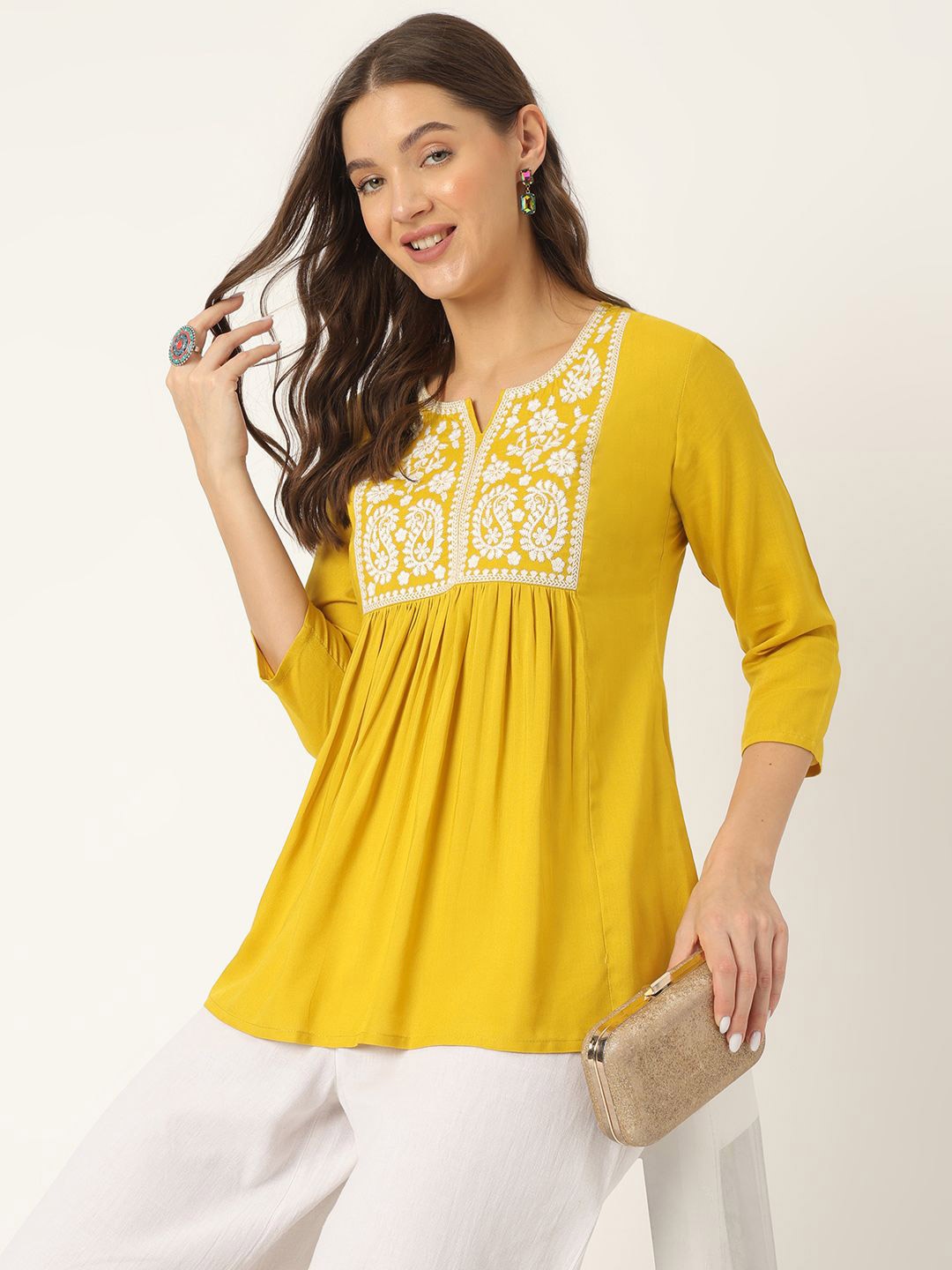 

Ashlee Embroidered A-Line Top, Yellow