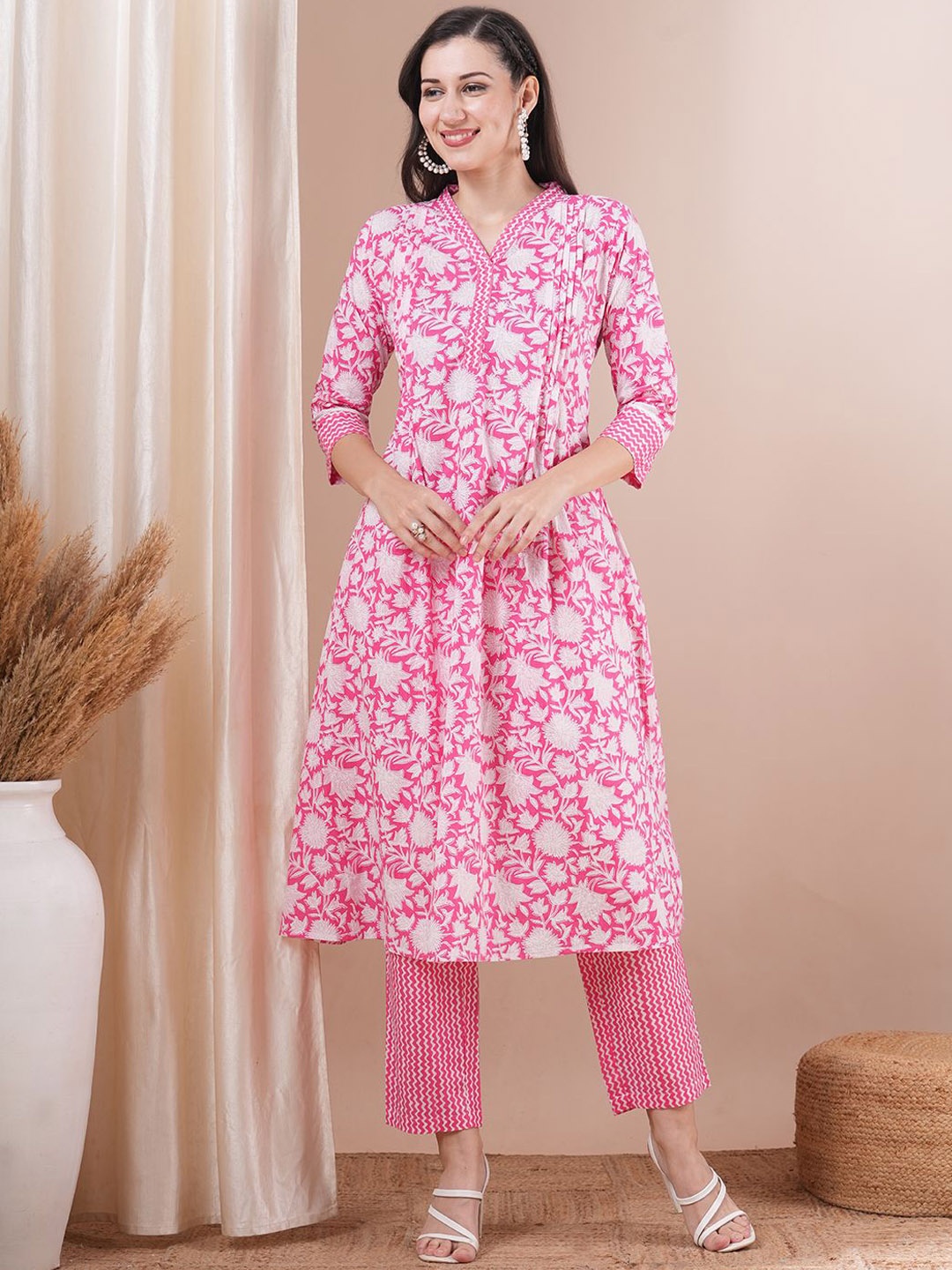 

FASHOR Floral Printed Pleated Mirror Work Pure Cotton Pleated A-Line Kurta with Trousers, Pink