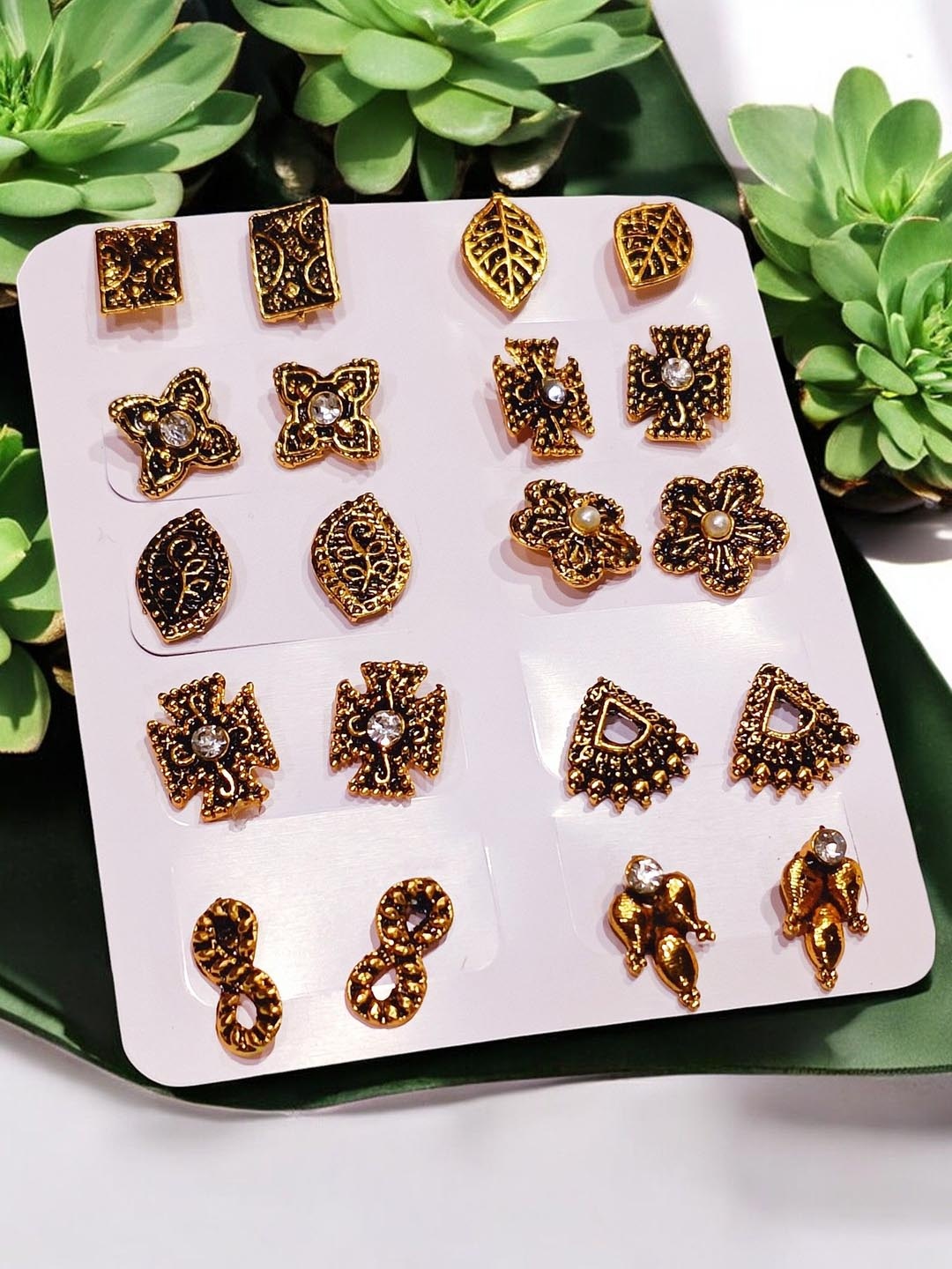 

9blings Set Of 10 Contemporary Stone Studded Oxidised Studs, Gold