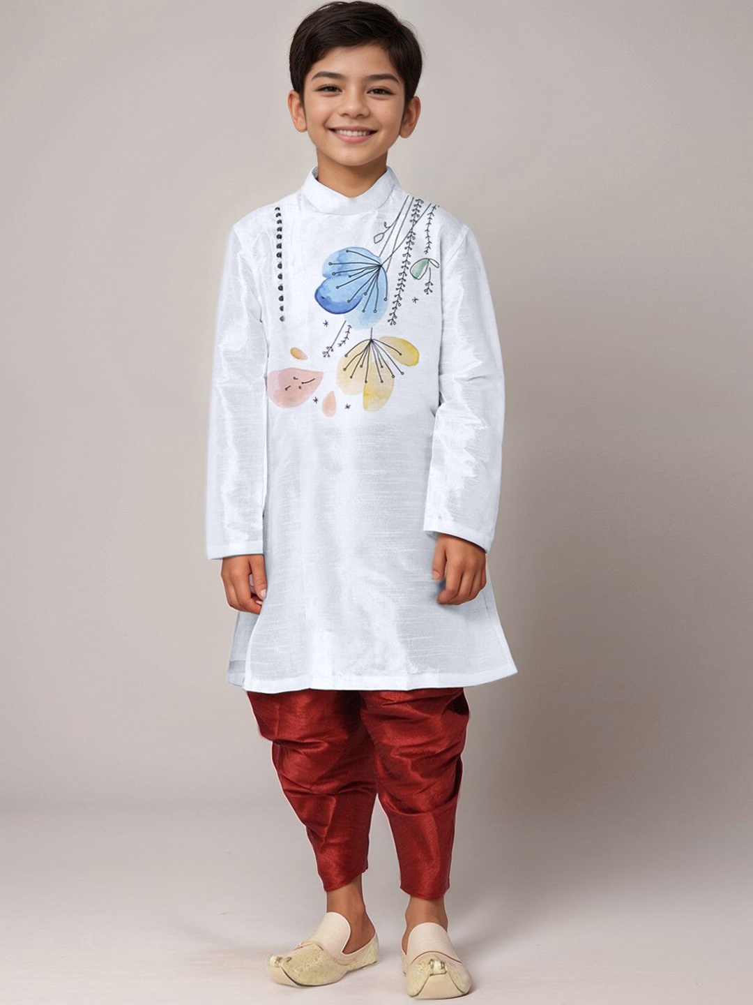 

DEVOILER Boys Floral Printed Mandarin Collar Straight Kurta, White