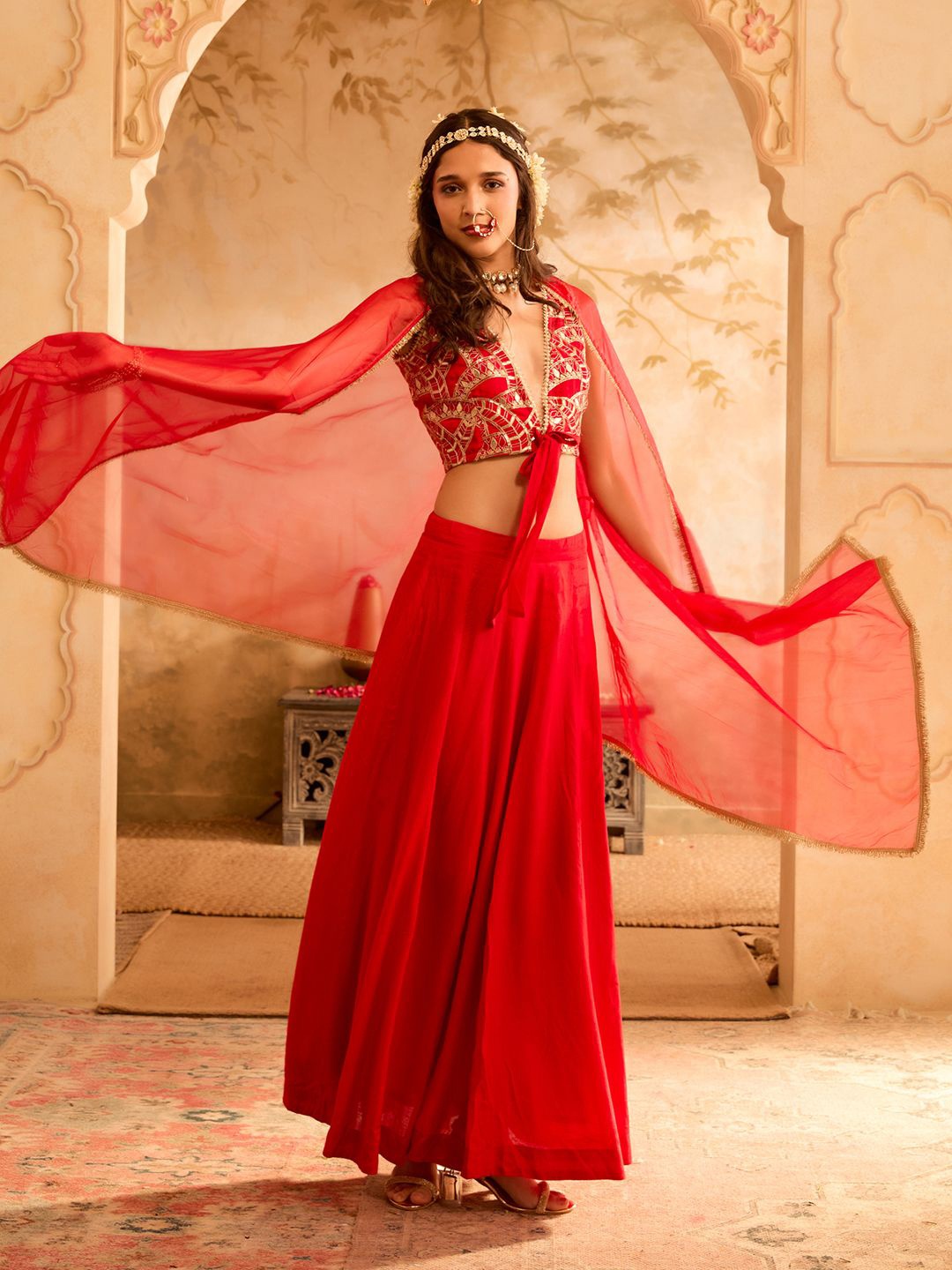 

Bani Women Embroidered Thread Work Ready to Wear Lehenga & Blouse With Dupatta, Red