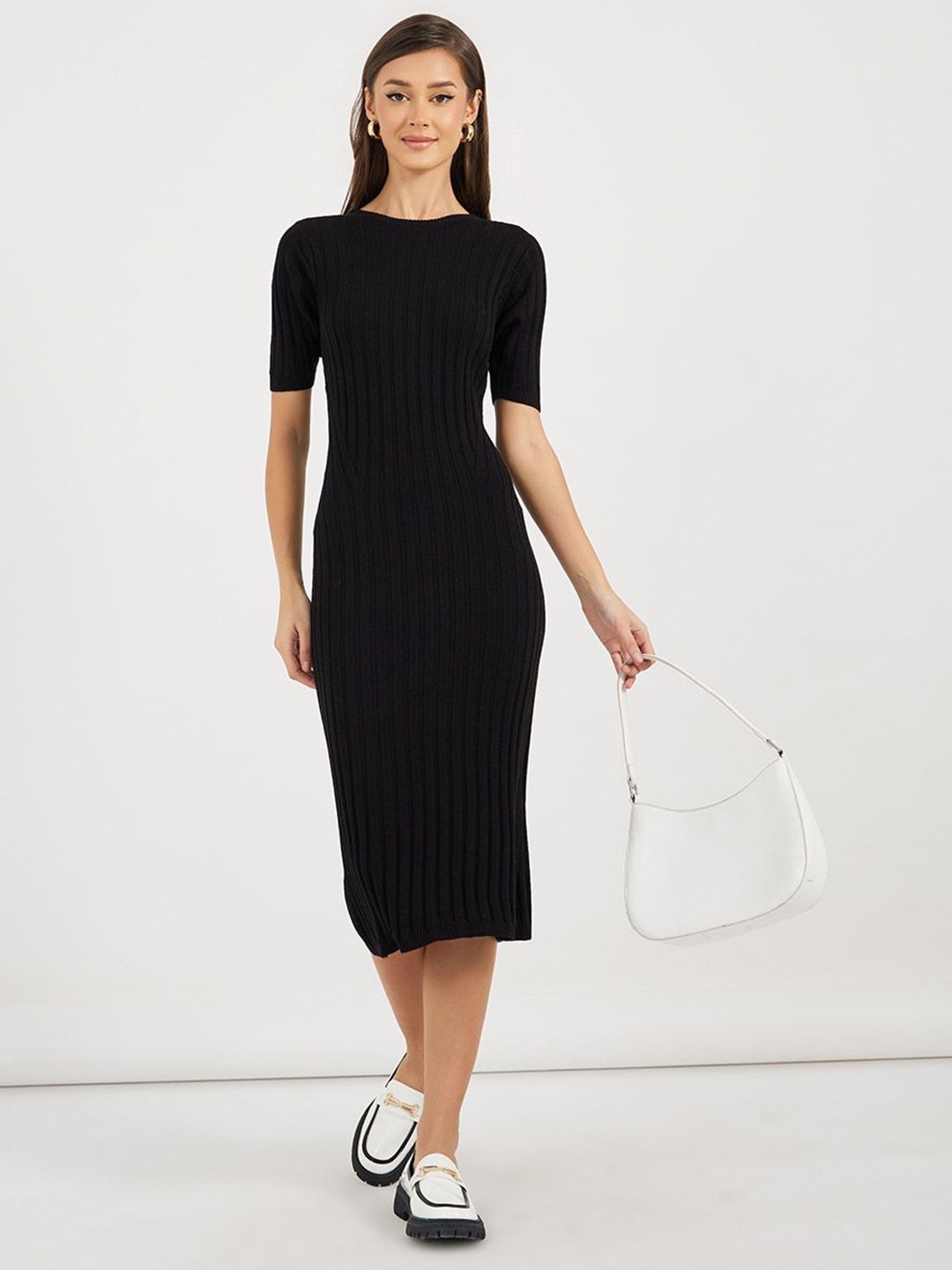 

Styli Women Solid Round Neck Rib Sheath Knee Length Dress, Black