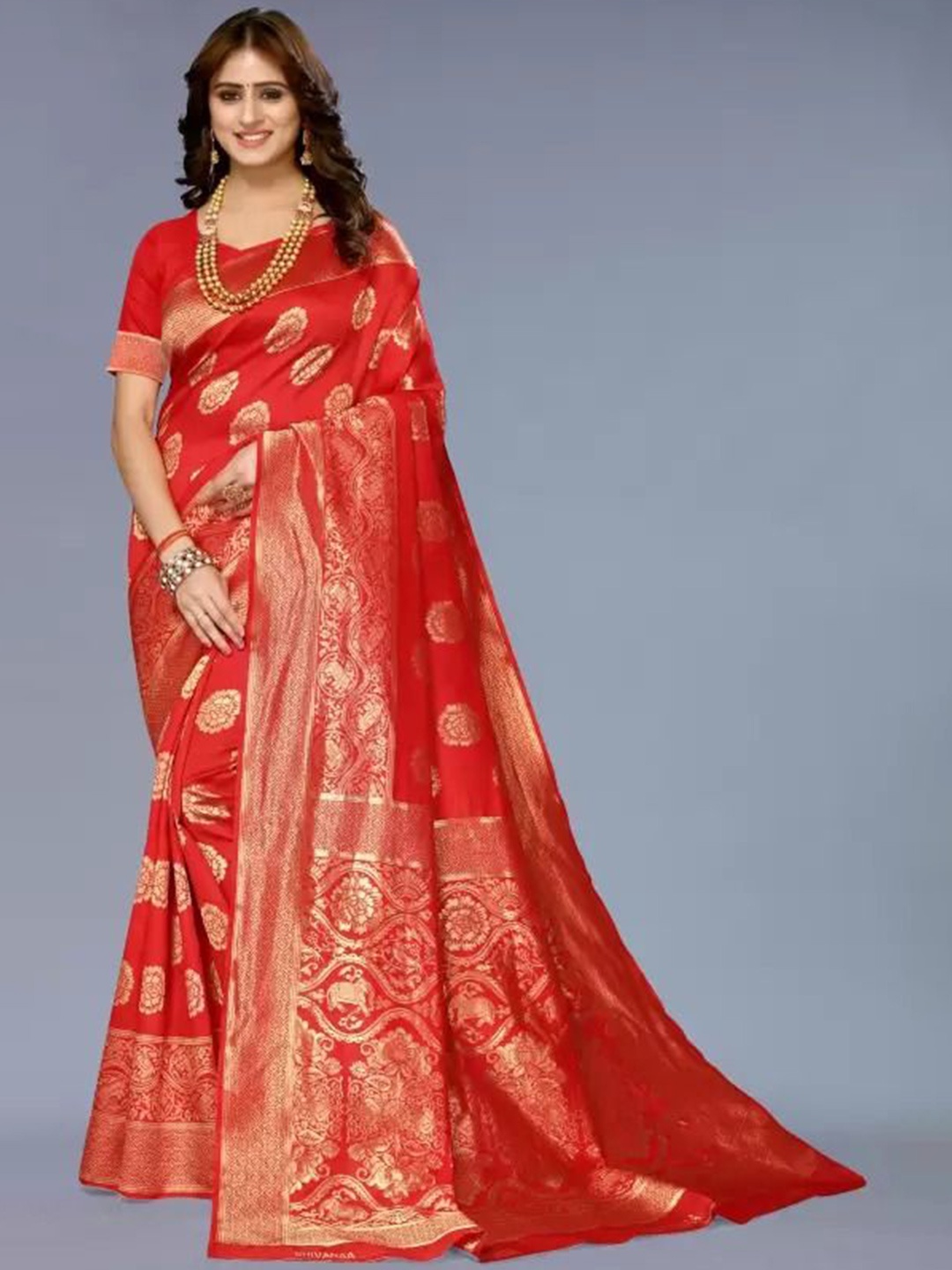 

SAADHVI Woven Design Zari Pure Silk Kanjeevaram Saree, Red