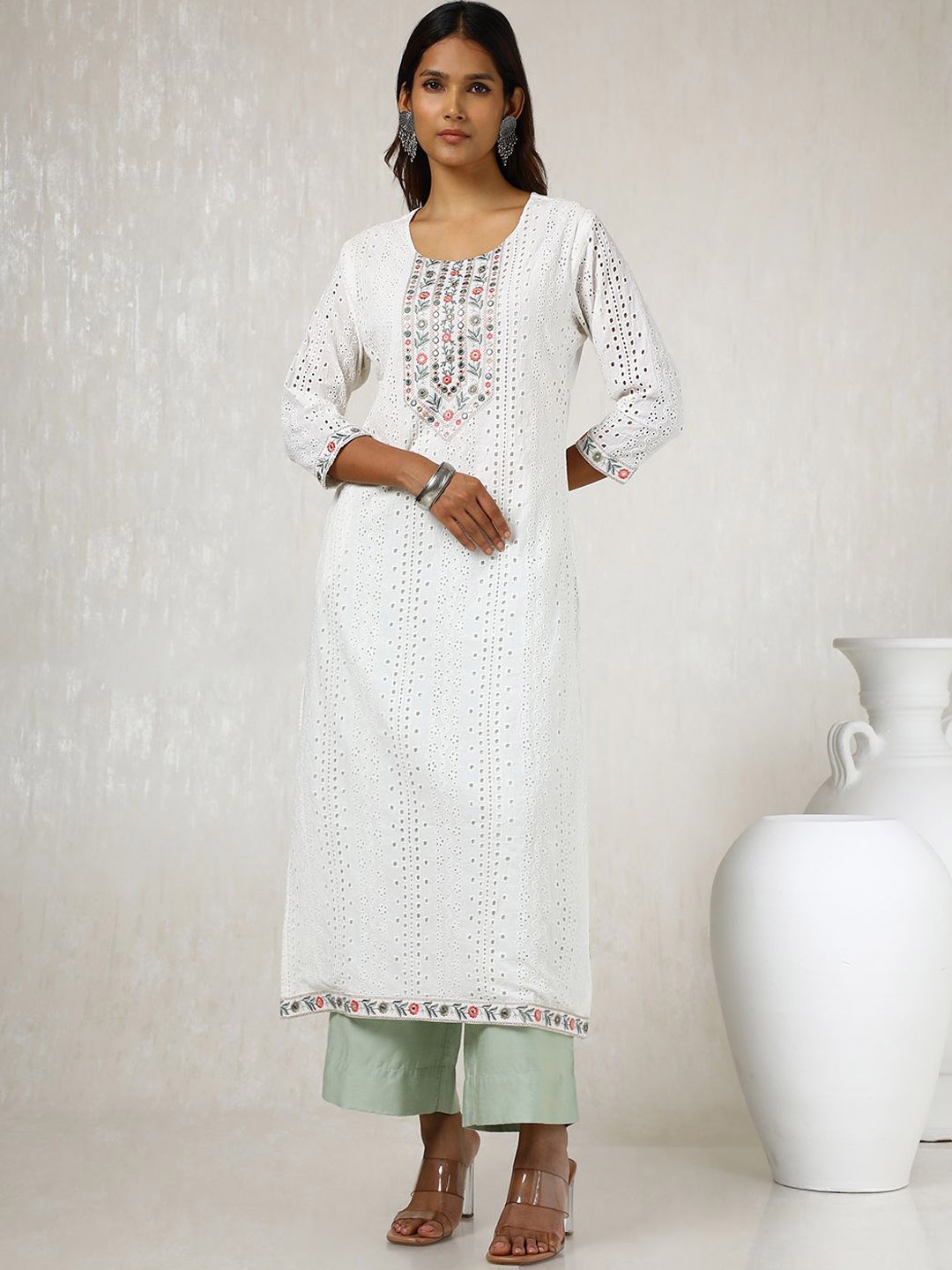 

Soch Floral Embroidered Mirror Work Schiffli Straight Cotton Kurta, Off white