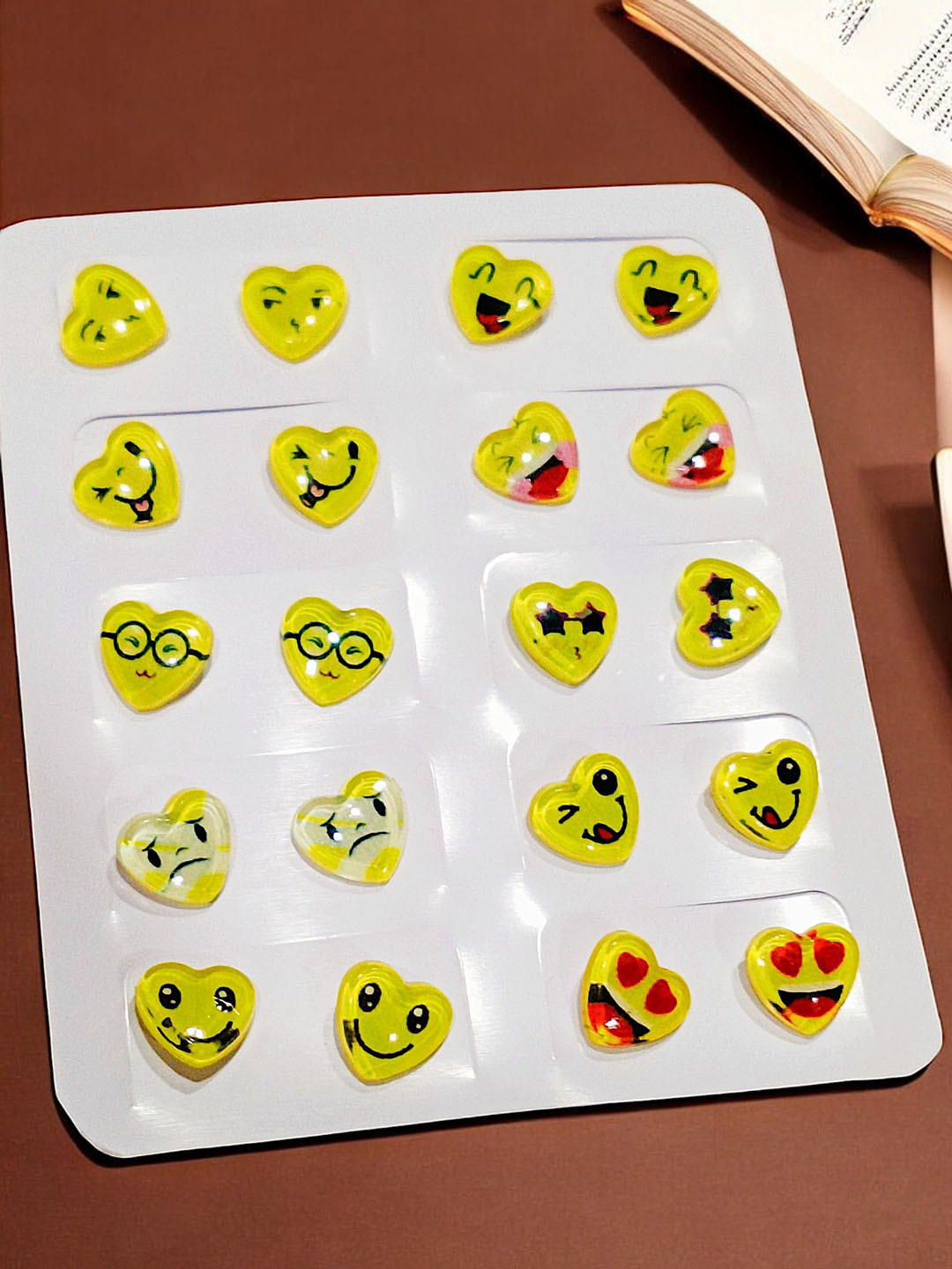 

9blings Set Of 10 Silver-Plated Heart Shaped Emoji Studs, Yellow