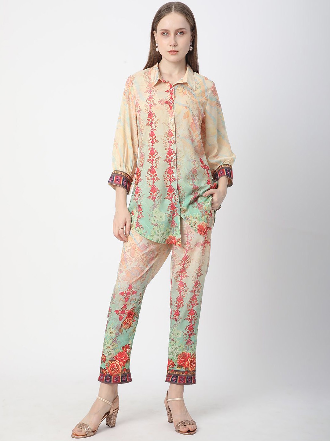 

R&B Printed Three-Quarter Sleeves Shirt With Trousers, Cream