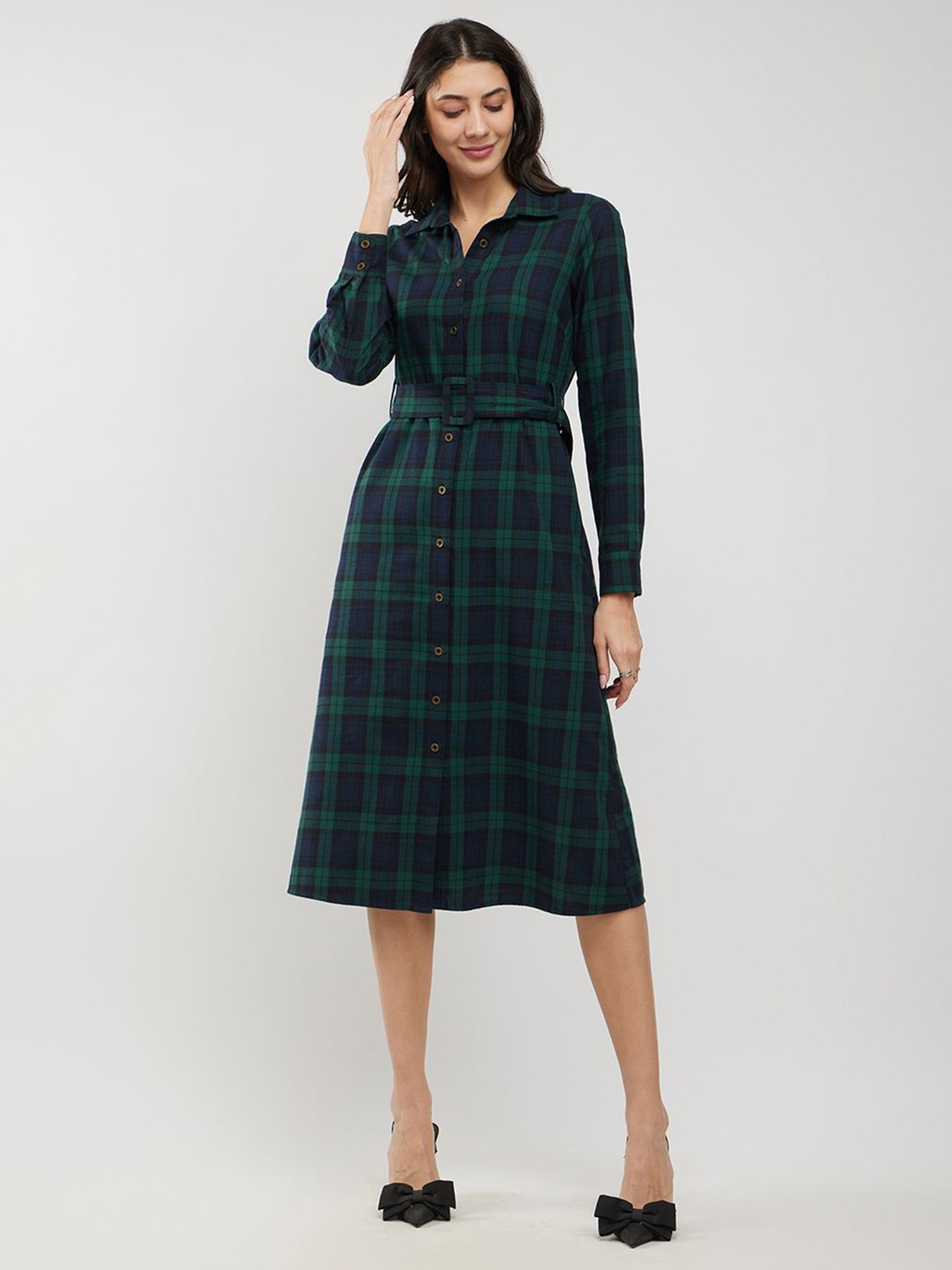 

FableStreet Women Checked Formal Cotton Shirt Dress, Green