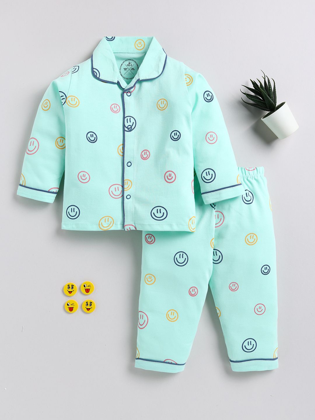 

Clt.s Kids Smiley Printed Pure Cotton Night suit, Sea green