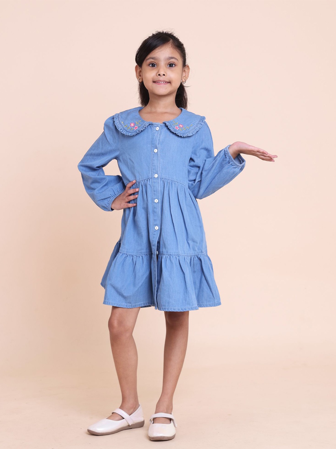 

House of Spades Girls Peter Pan Collar Cotton A-Line Denim Dress, Blue