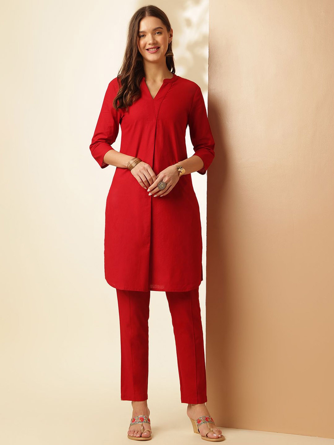 

Anouk Pure Cotton Pleated Mandarin Collar Tunic & Trouser, Red