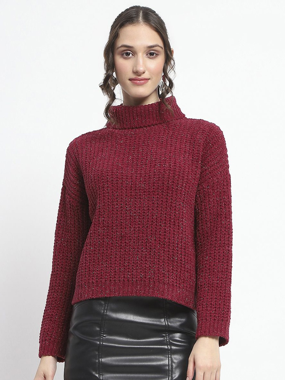 

Madame Women Turtle Neck Ribbed Pullover Sweaters, Maroon