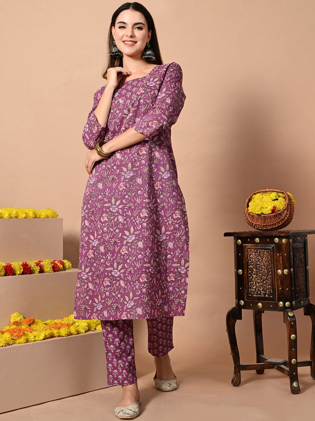 

KALINI Floral Printed Kurta with Trouser & Dupatta, Purple