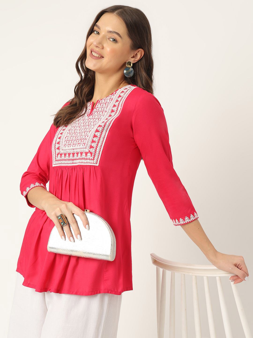 

Ashlee Women Sequined Embroidered Empire Party Top, Pink