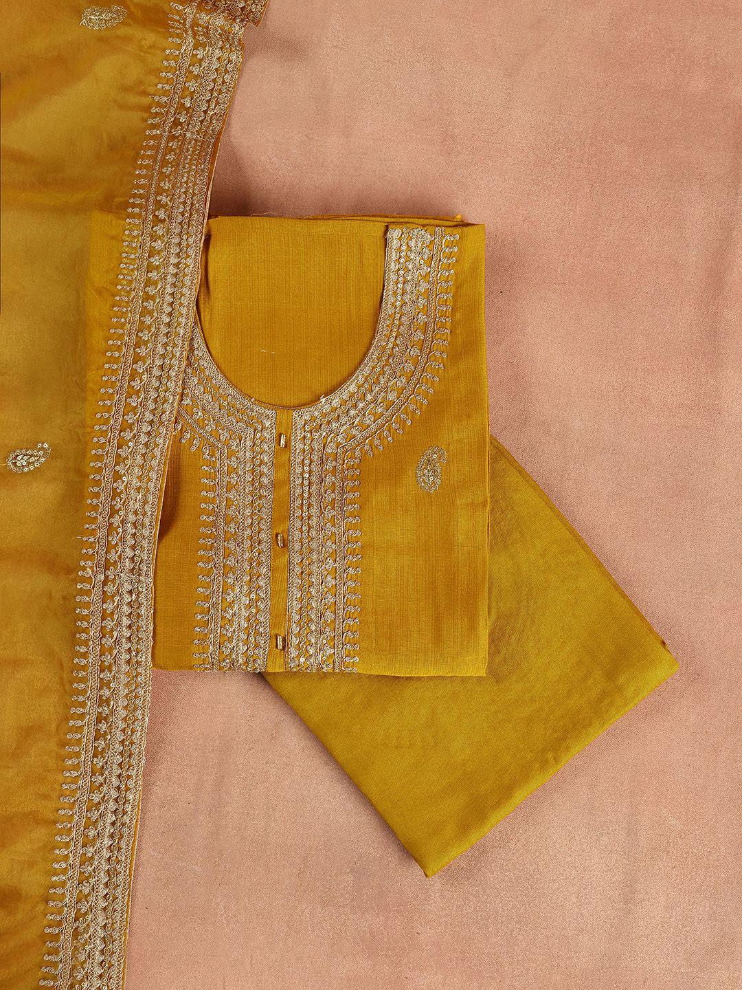 

Libas Mustard Yellow Paisley Embroidered Zari Unstitched Dress Material