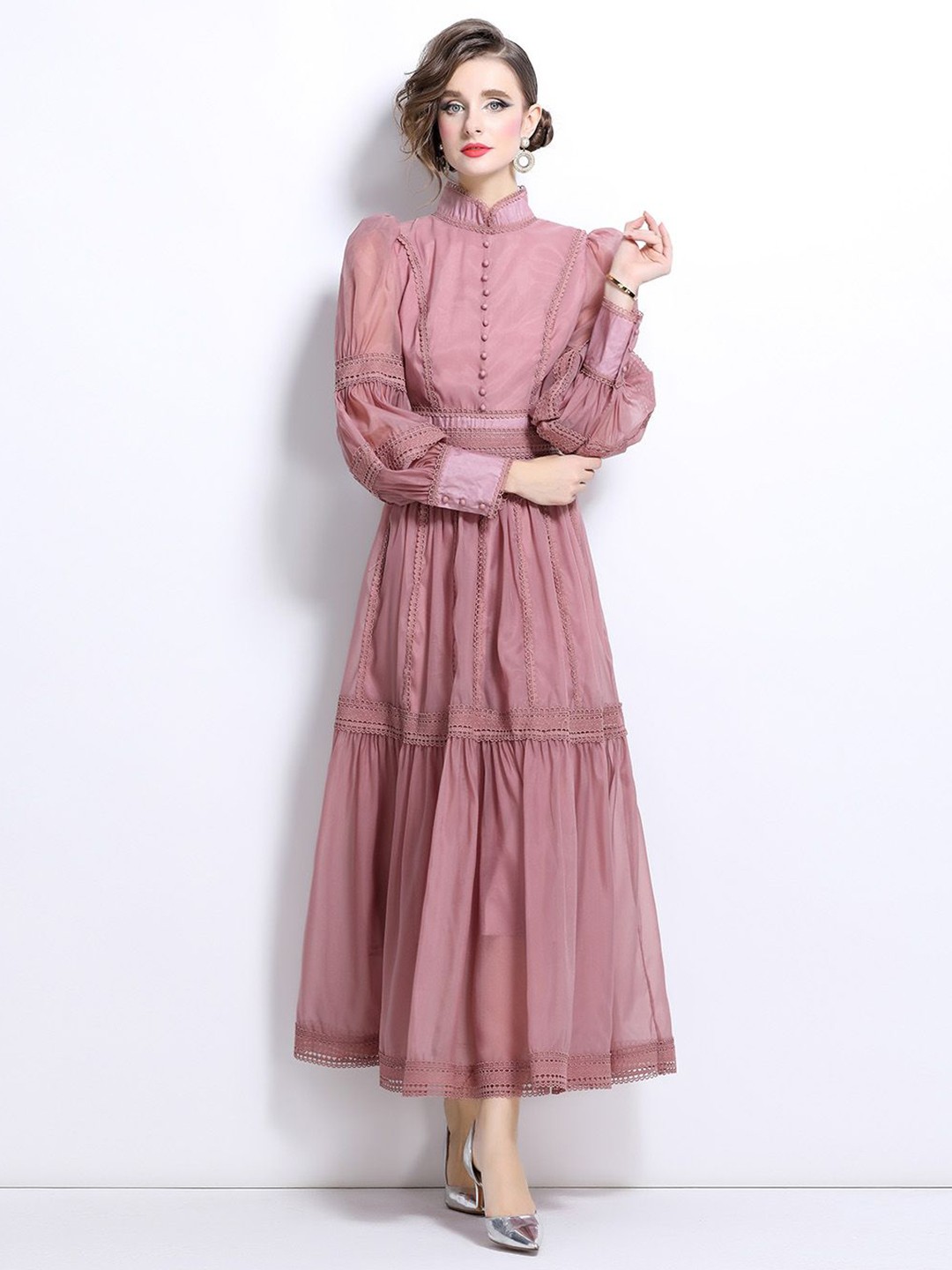 

JC Collection Women Mandarin Collar Cuffed Sleeves Maxi Dress, Pink