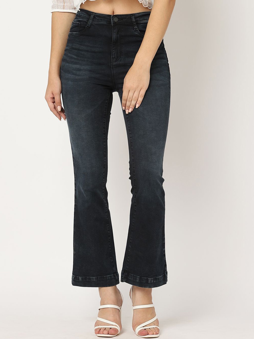 

Kraus Jeans Women Flared High-Rise Light Fade Jeans, Black