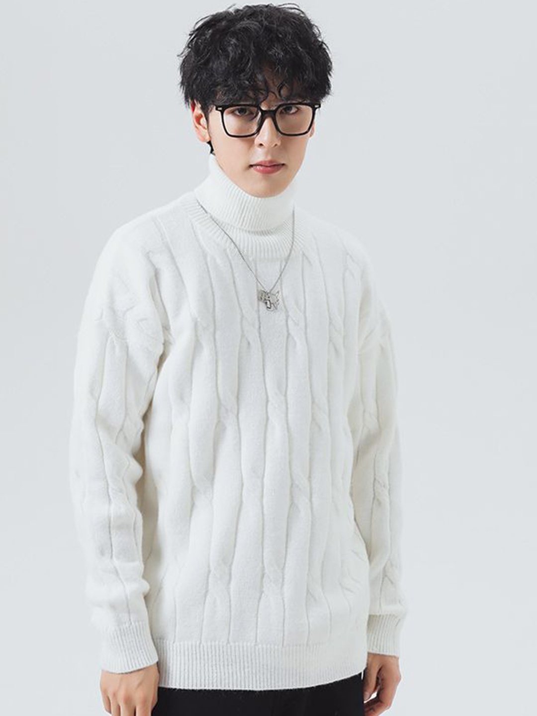 

StyleCast x Revolte Men Self Design Cable Knit Turtle Neck Longline Pullover, White